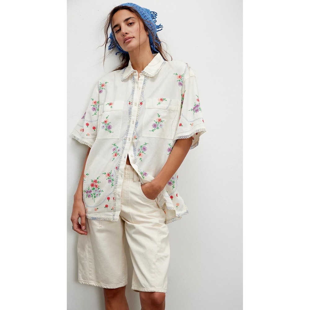 We The Free Embroidered Floral Button Down Women S Ivory Excellent Boho Lace